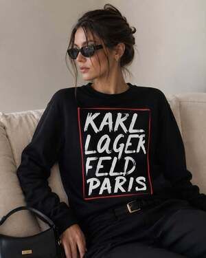 Karl Lagerfeld Paris Graphic Sweatshirt Black Logo Pullover XS Y2K Chic